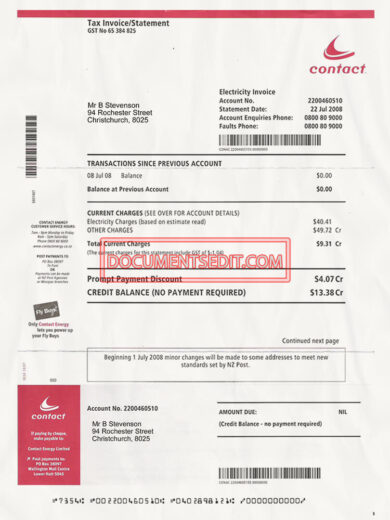 Contact Electric Bill Tax Invoice