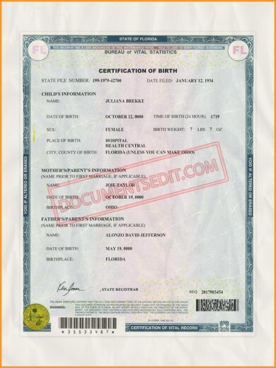 Florida Birth Certificates Front