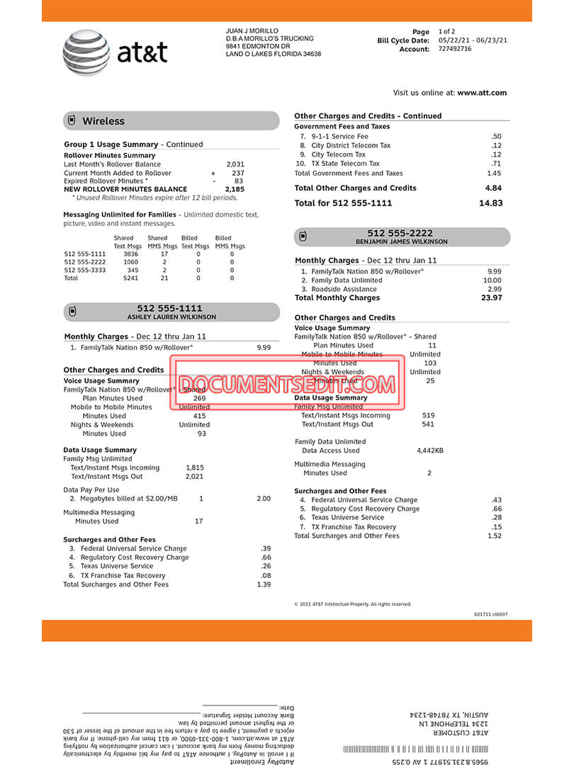 Utility Bill AT&T Wireless Statement Documents Edit