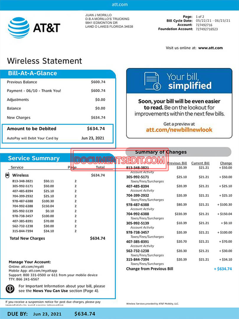 Utility Bill ATT Wireless Statement 