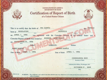 Certification of Report of Birth Template